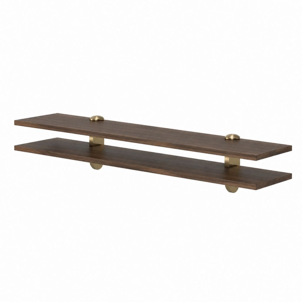 Étagère murale double en noyer brun et acier inoxydable finition laiton 120 x 20 x 31 cm