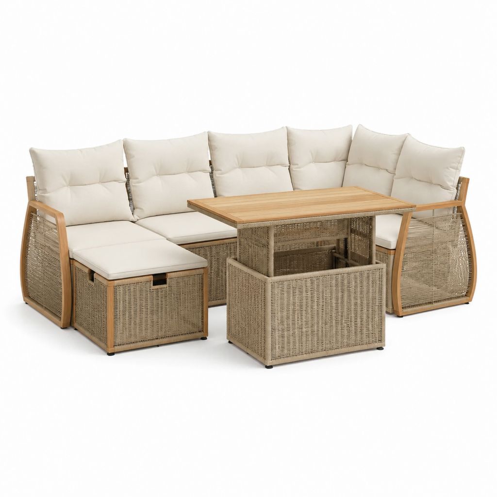 Salon de jardin modulable 7 pièces beige en rotin PE et acacia avec coussins 245 x 180 cm