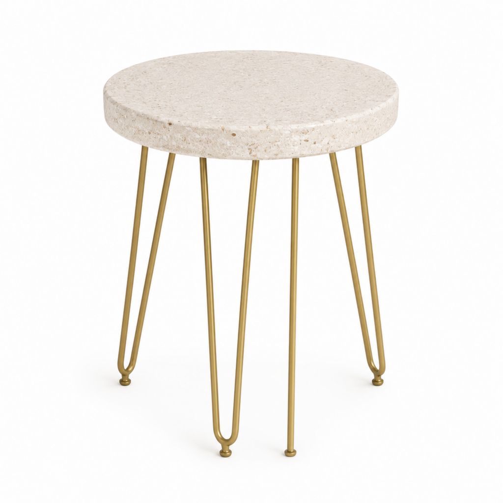Table d’appoint ronde beige en travertin et acier doré diamètre 45 cm hauteur 50 cm