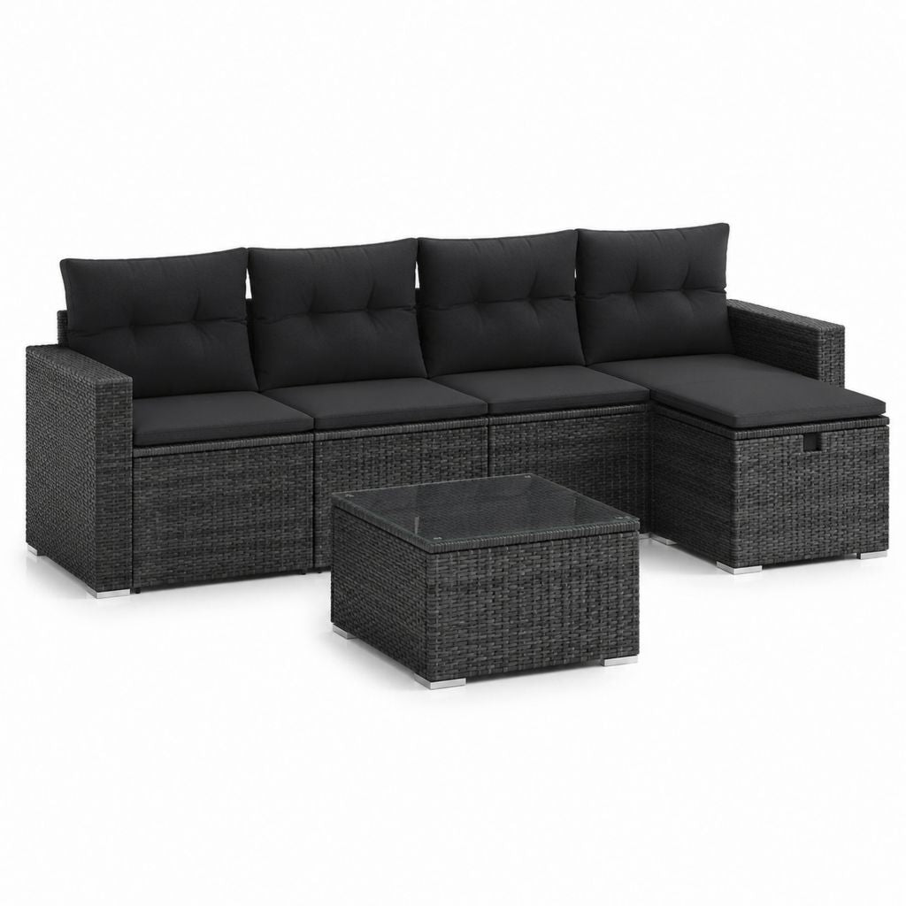 Salon de jardin d'angle 5 pièces noir en résine tressée PE avec coussins 238 x 130 x 63 cm