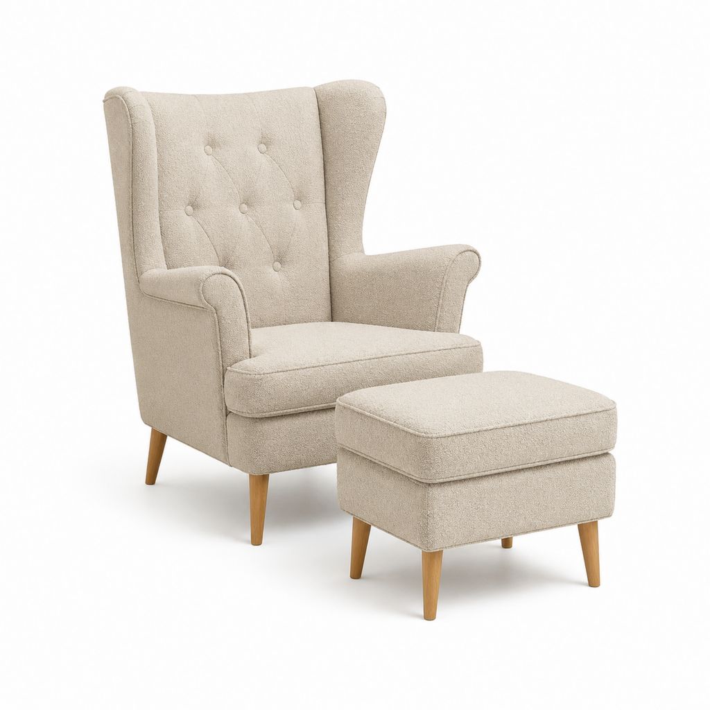Fauteuil à oreilles avec repose-pieds beige en polyester pieds en bois massif 76 x 82 x 105 cm
