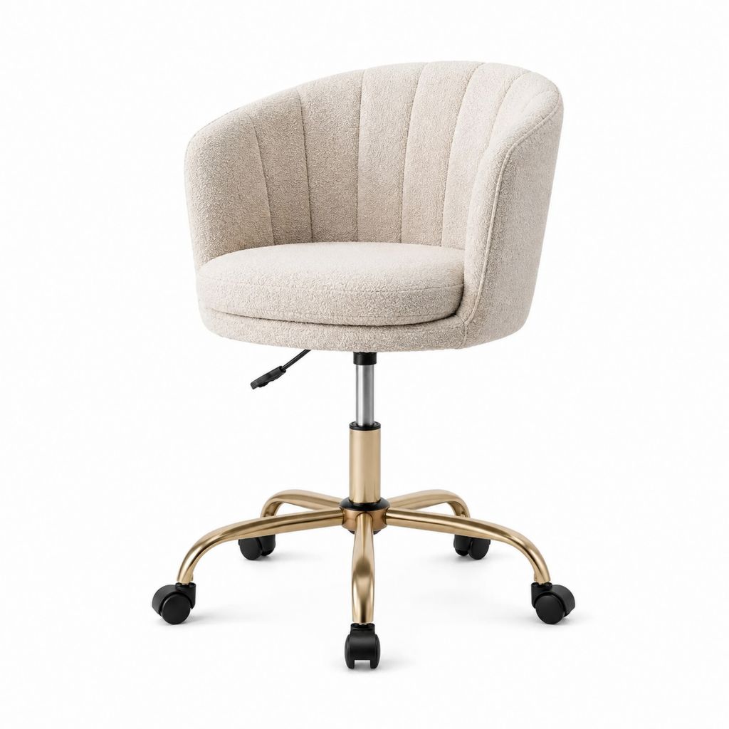 Chaise de bureau pivotante beige en polyester bouclette avec roulettes hauteur réglable 58 x 58 x 80-90 cm