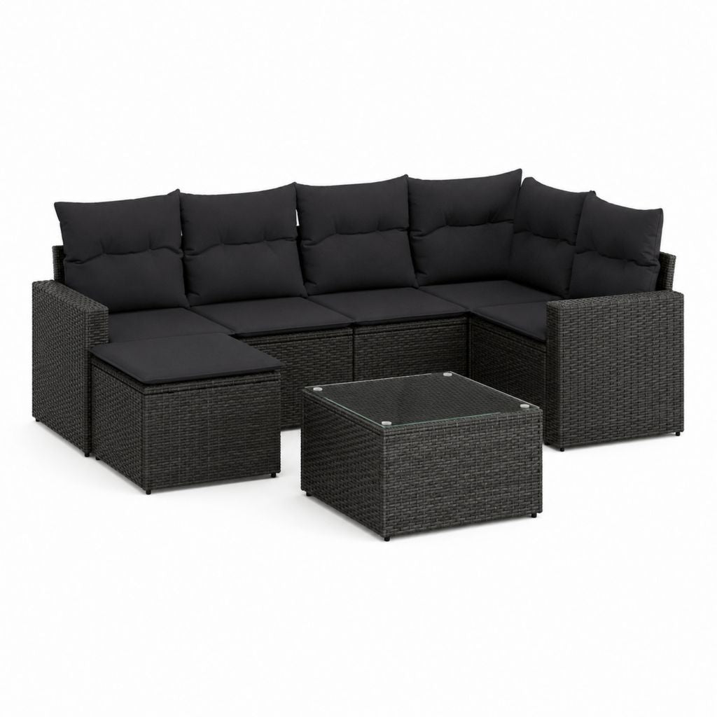Salon de jardin modulable 6 pièces noir en résine tressée PE avec coussins et table en verre 210 x 140 x 60 cm