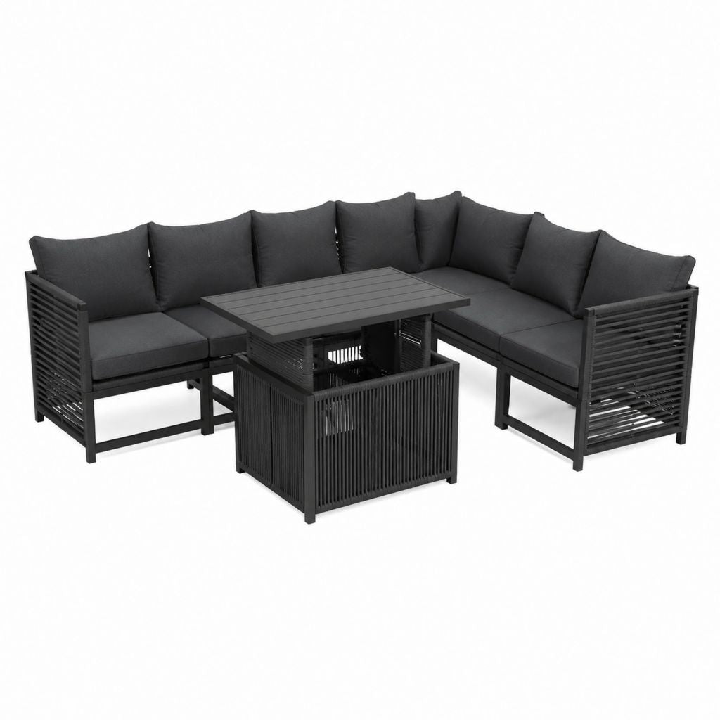 Salon de jardin d'angle 5 places noir en acier thermolaqué et polyéthylène avec table 100 x 60 x 45 cm