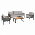 Salon de jardin 4 places gris avec canapé 3 places fauteuils et table basse en acier et acacia 195 x 75 x 78 cm