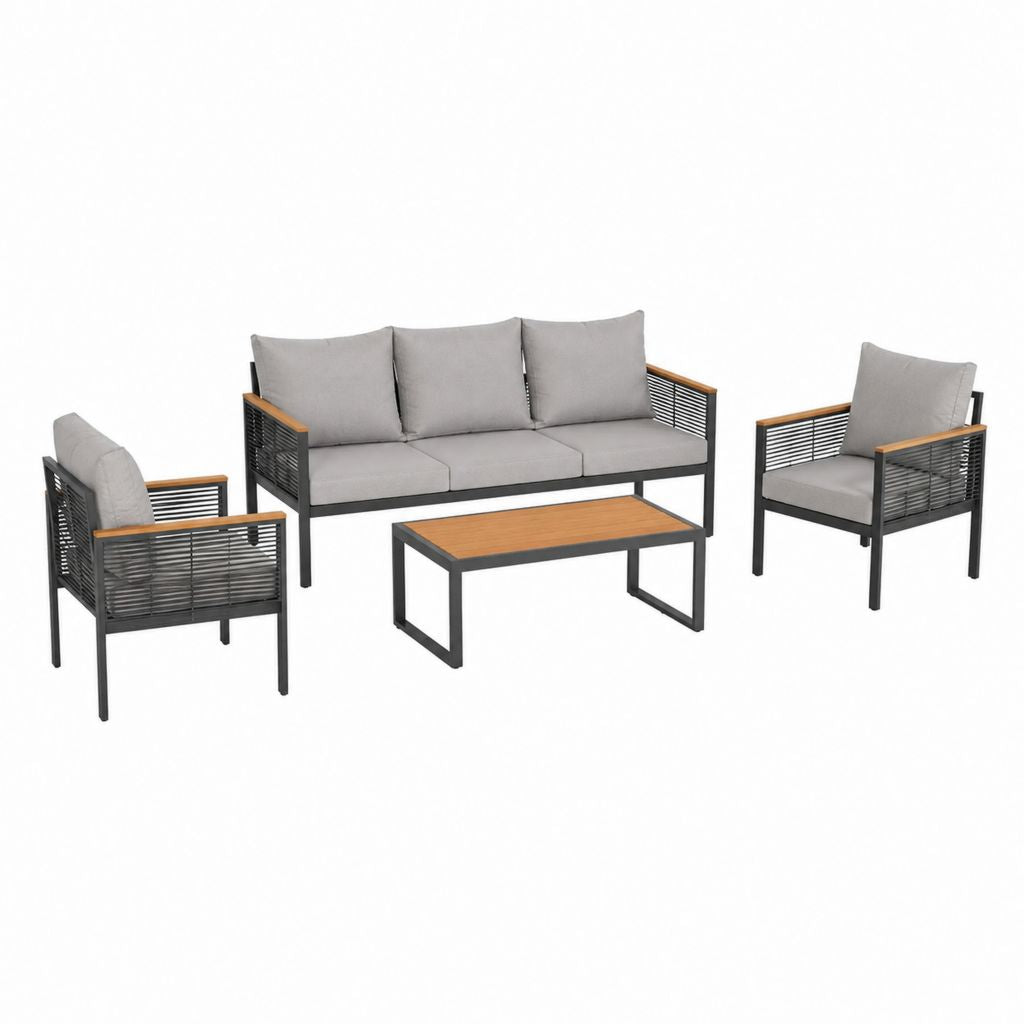 Salon de jardin 4 places gris avec canapé 3 places fauteuils et table basse en acier et acacia 195 x 75 x 78 cm