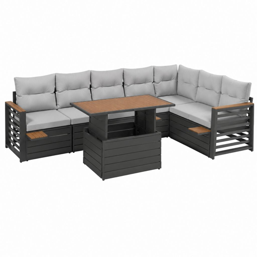 Salon de jardin d’angle 6 places gris anthracite en aluminium avec table relevable 250 x 250 cm