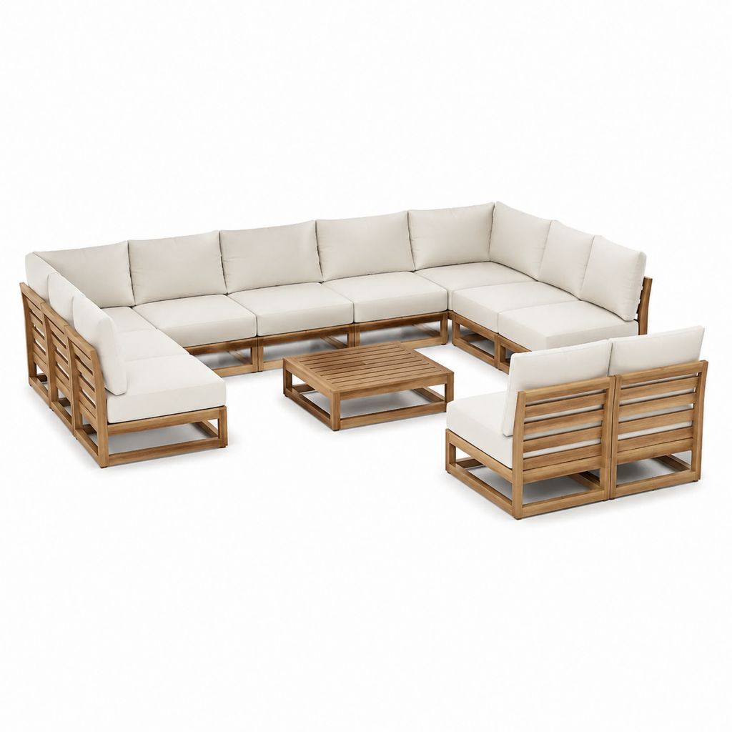 Salon de jardin d'angle 7 places avec 2 fauteuils et table basse blanc crème en bois d'acacia 320 x 240 x 76 cm