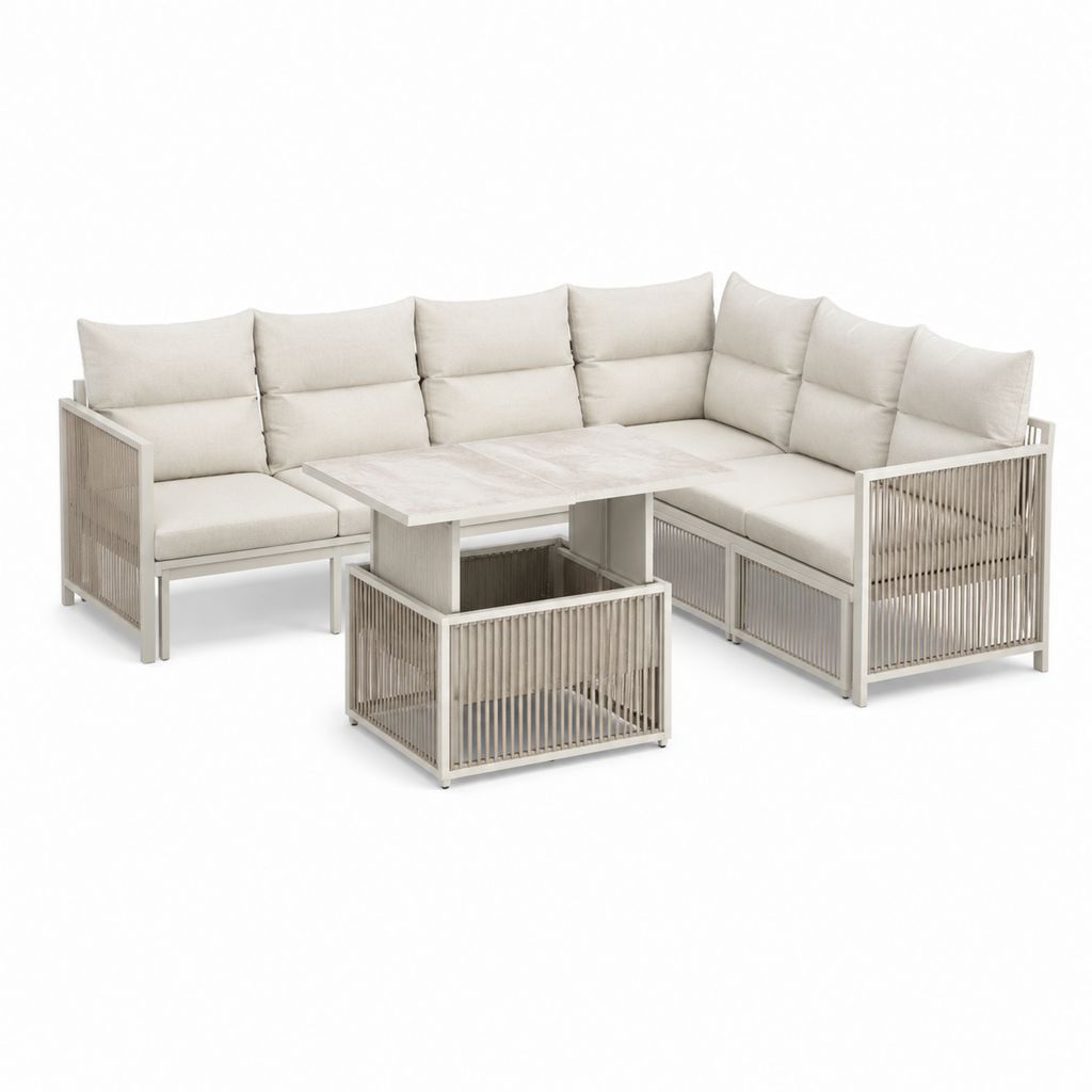 Salon de jardin d’angle 5 places beige en aluminium et polyester avec table basse 255 x 195 x 76 cm