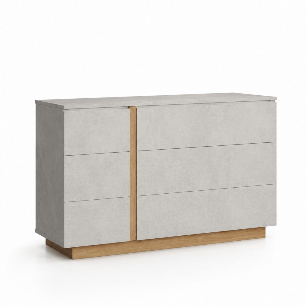 Commode basse 6 tiroirs gris béton et chêne 120 x 40 x 80 cm