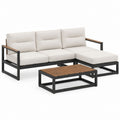 Salon de jardin d’angle 3 places avec table basse noir et beige en acier thermolaqué bois d’acacia et polyester 200 x 140 x 65 cm