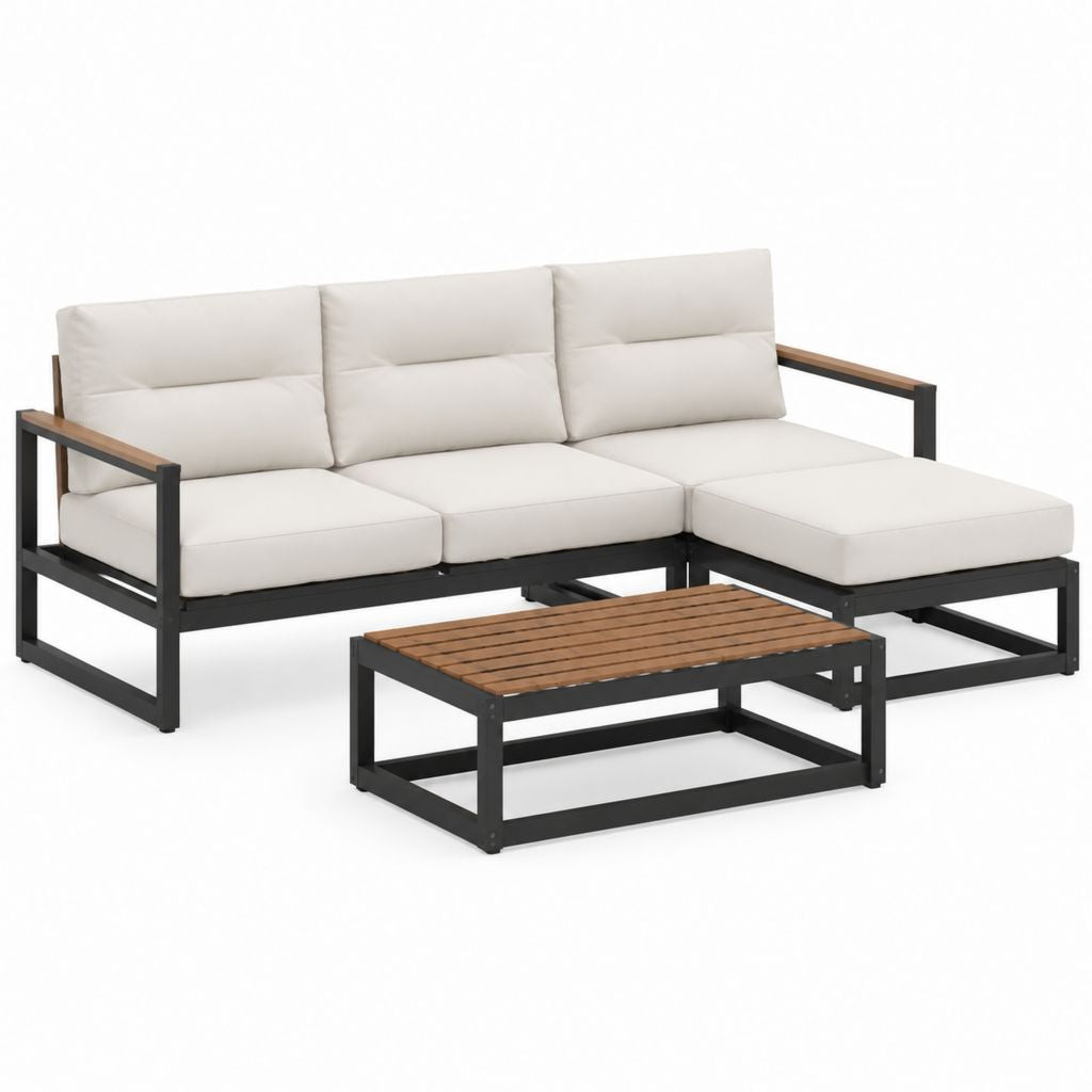 Salon de jardin d’angle 3 places avec table basse noir et beige en acier thermolaqué bois d’acacia et polyester 200 x 140 x 65 cm