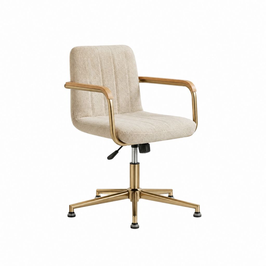 Chaise de bureau pivotante réglable beige en polyester bouclé avec accoudoirs et piètement acier 59 x 60 x 80-90 cm
