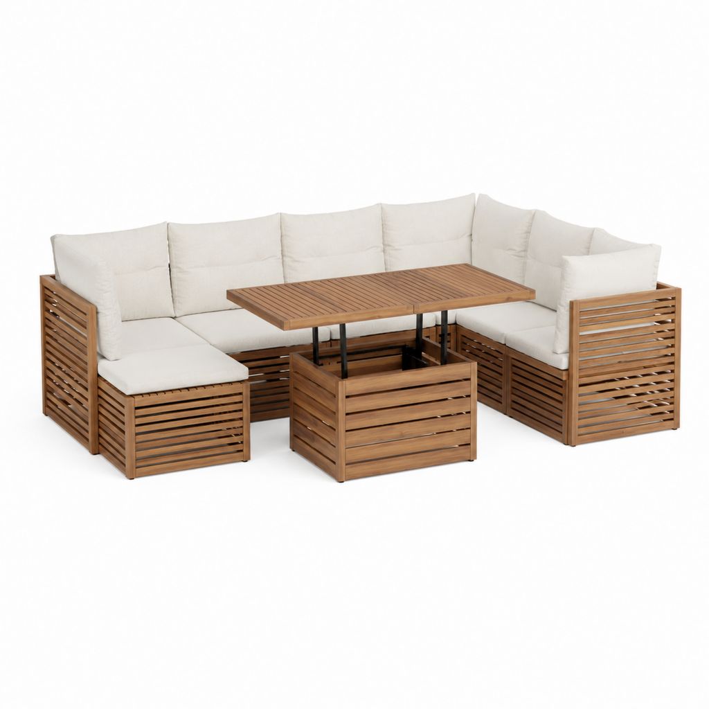 Salon de jardin d'angle 4 pièces marron en acacia massif avec coussins crème et table relevable 230 x 230 cm