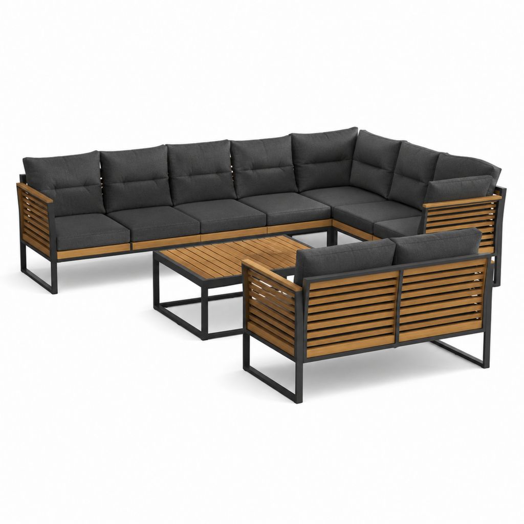 Salon de jardin d’angle 5 places avec fauteuil et table basse anthracite aluminium et acacia 285 x 215 x 76 cm