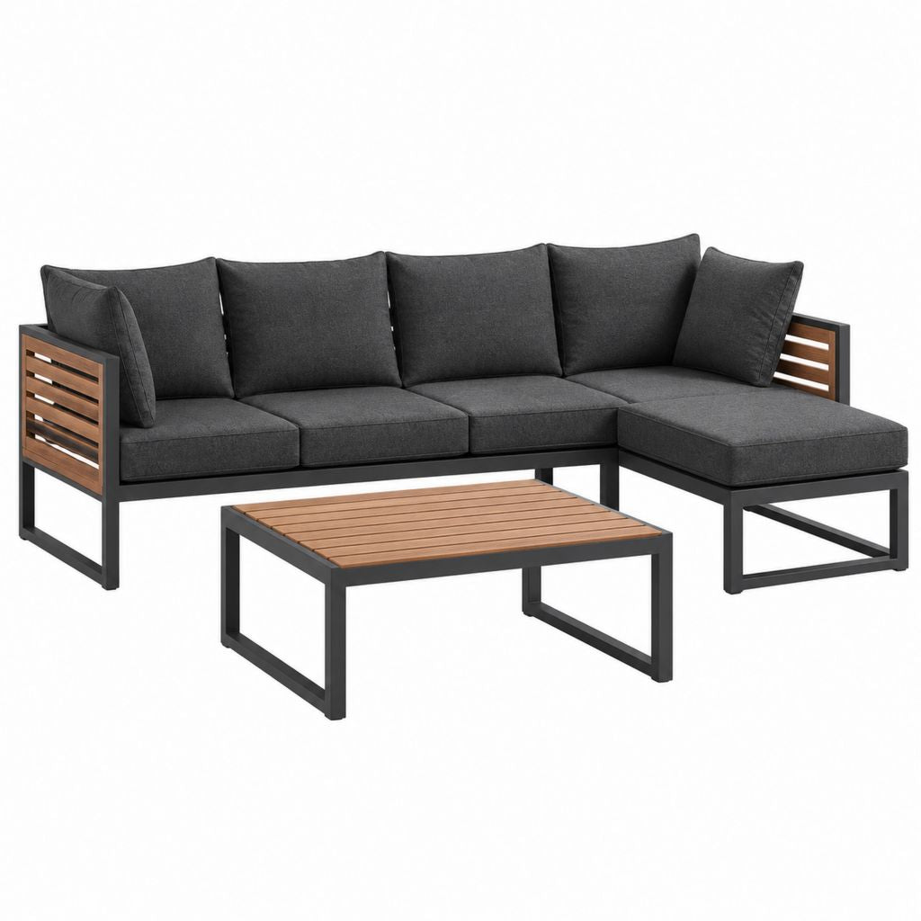 Salon de jardin d'angle 4 places avec table basse noir gris anthracite acier et acacia 218 x 145 x 65 cm