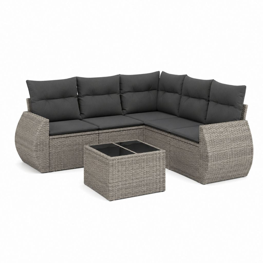 Salon de jardin d’angle 4 places gris en résine tressée PE avec coussins anthracite et table basse 220 x 220 x 83 cm