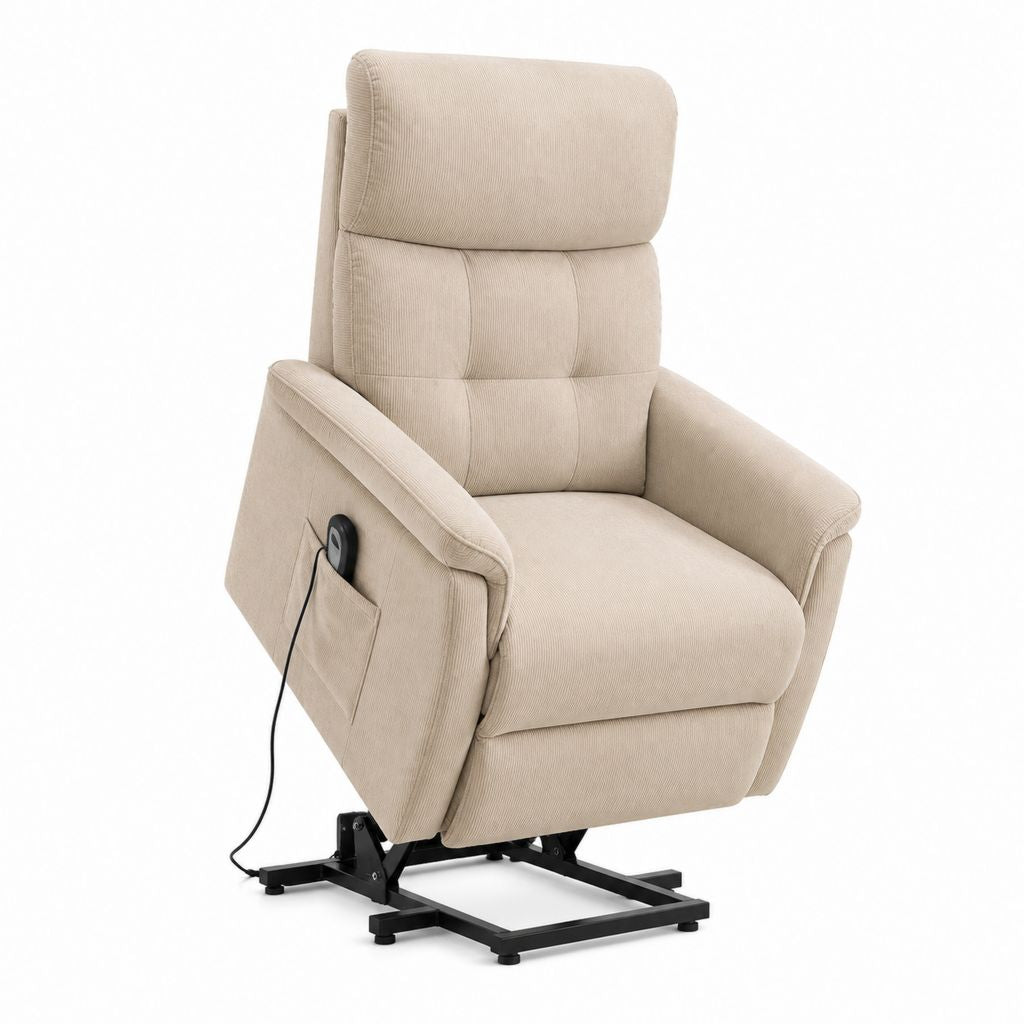 Fauteuil relax électrique releveur beige en velours côtelé polyester 78 x 92 x 104 cm