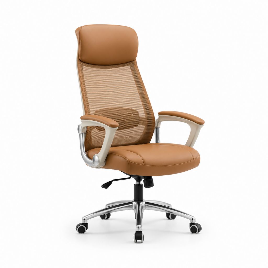 Fauteuil de bureau ergonomique à roulettes marron en similicuir PU et maille polyester 66 x 65 x 116-126 cm