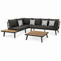 Salon de jardin d’angle 5 places anthracite en acier thermolaqué et polyester avec tables en acacia 250 x 180 cm